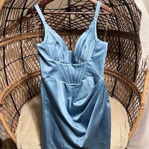 HOUSE OF CB Dress | Faye Blue Corset Midi Dress Satin Corset Dress